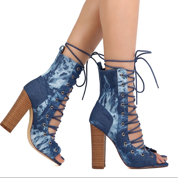Denim Lace up block heel booties - Picture 5 of 5